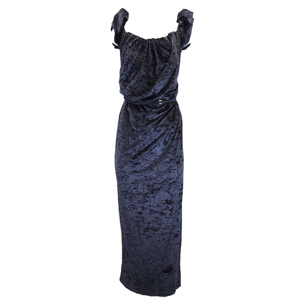 la robe velours le chouchou long asymetric draped dress in navy blue velvet