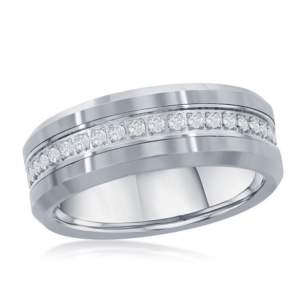 polished silver cz eternity tungsten band ring