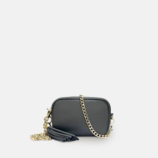 the mini tassel dark grey leather phone bag with gold chain crossbody strap