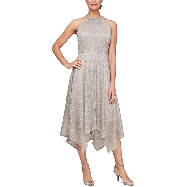 womens metallic handkerchief hem midi dress