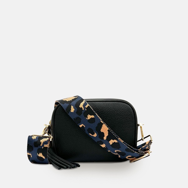 black leather crossbody bag with navy leopard strap