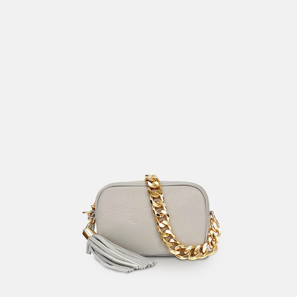the mini tassel light grey leather phone bag with gold chain strap