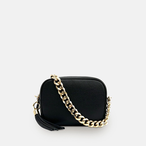 black leather crossbody bag with gold chain strap