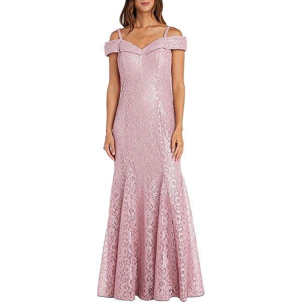 petites womens off-the-shoulder lace evening dress
