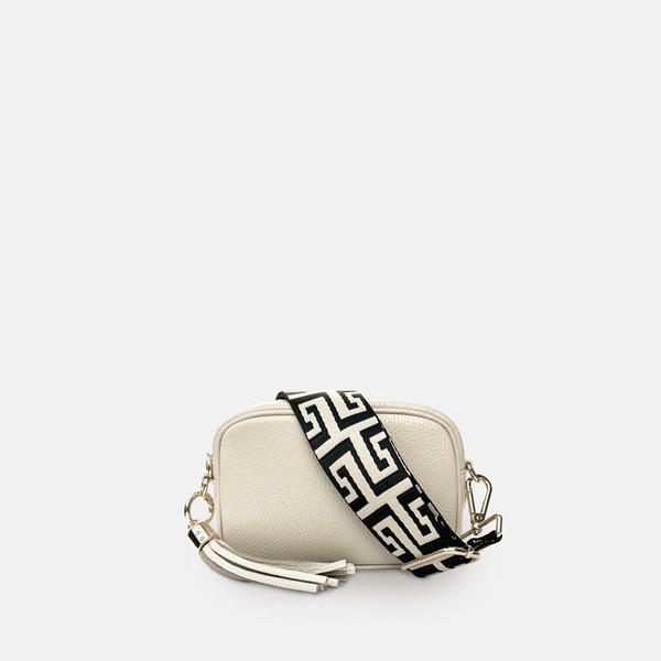 the mini tassel stone leather phone bag with black & stone maze strap