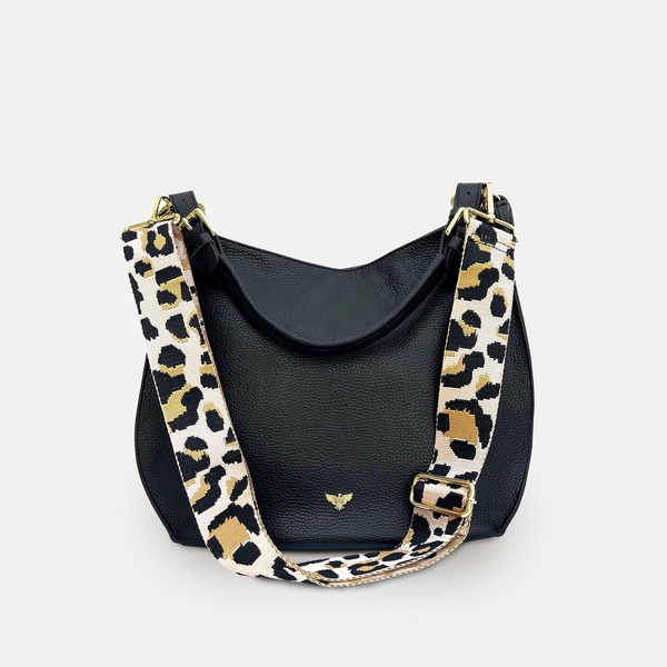 the harriet black leather bag with pale pink leopard strap
