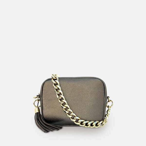 bronze leather crossbody bag with gold chain strap