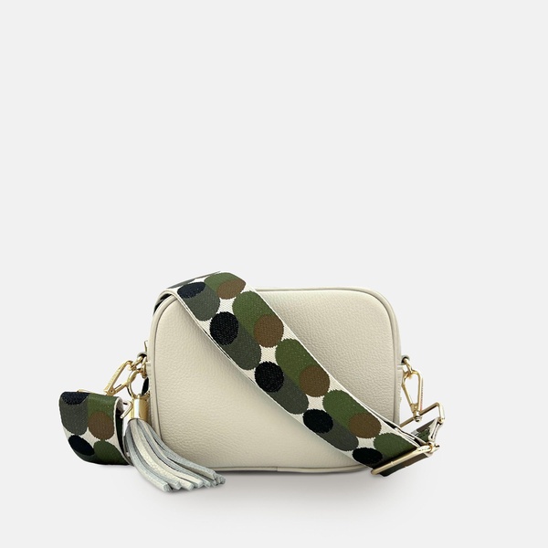 stone leather crossbody bag with khaki pills strap