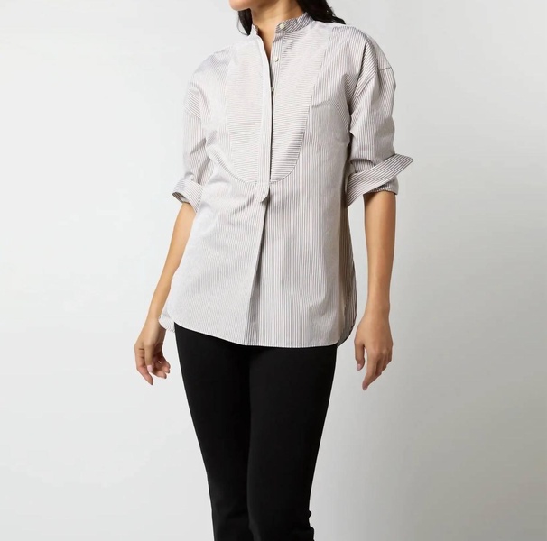 christiane bib front tunic top in taupe/white bengal stripe poplin