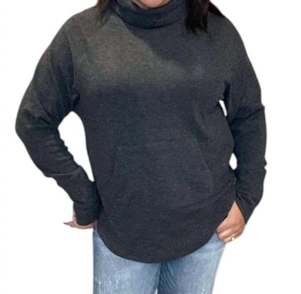 funnel neck front pocket pullover top in black