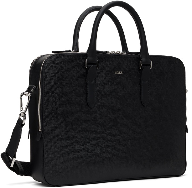 Black Structured Leather Logo Lettering Briefcase