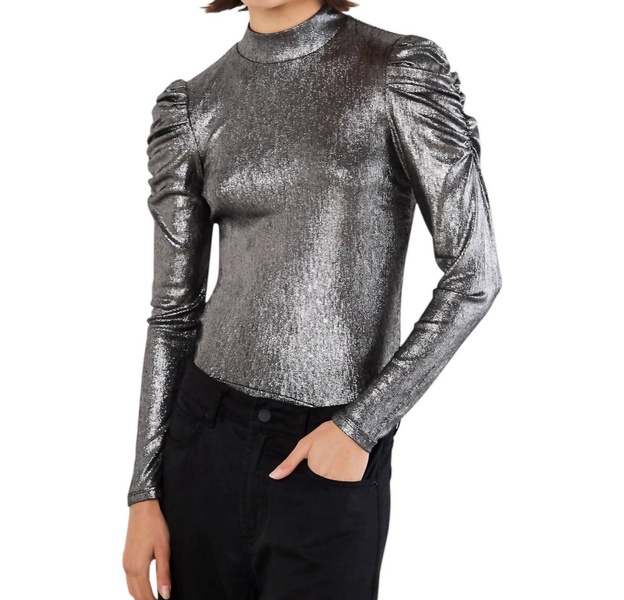 puffy sleeve metallic shirt in silver