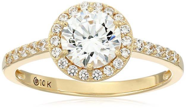 Amazon Essentials 10k Gold Made with Infinite Elements Cubic Zirconia Round Halo Ring, (previously Amazon Collection)