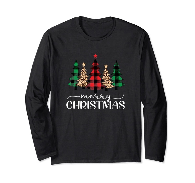 Merry Christmas Holiday Plaid Christmas Tree & Leopard Print Long Sleeve T-Shirt