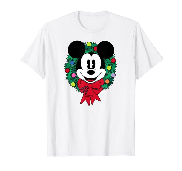 Amazon Essentials Men's Mickey Mouse Festive Holiday Christmas Wreath T-Shirt, Blue, Small