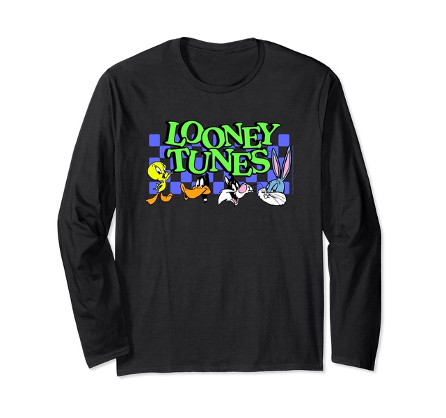 Amazon Essentials Looney Tunes Checkerboard with Characters Long Sleeve T-Shirt