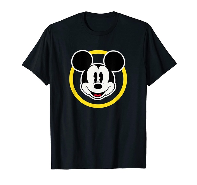 Amazon Essentials Disneyland Shirts, Disney Smiling Mickey T-Shirt, Classic Comfort Fit, Yellow Circle Design, Men's