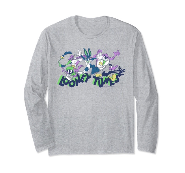Amazon Essentials Looney Tunes Green Logo with Running Characters Long Sleeve T-Shirt