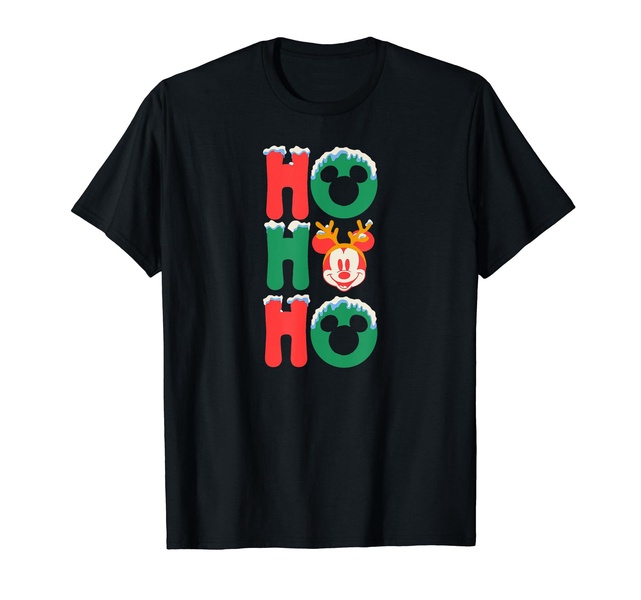 Amazon Essentials Men's Mickey Mouse Ho Ho Ho Snowy Christmas Antlers T-Shirt, Black Graphic Print, Small