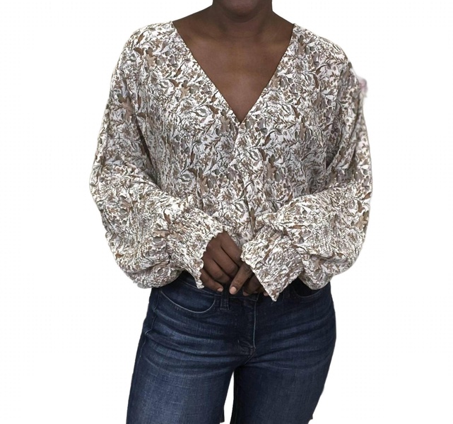 go crazy women's smocked woven long sleeve top in ivory/brown multi