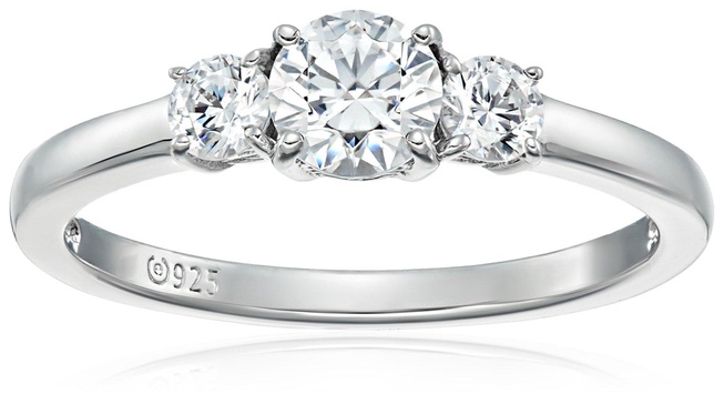 Amazon Essentials Platinum-Plated Sterling Silver Round 3-Stone Ring made with Infinite Elements Cubic Zirconia (1 cttw), Size 9, (previously Amazon Collection)