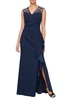 Long Matte Jersey Dress with Embroidered Illussion Neckline
