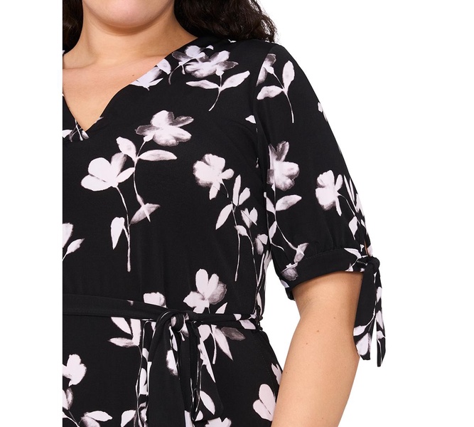 Plus Size Printed V-Neck Tie-Waist Midi Dress