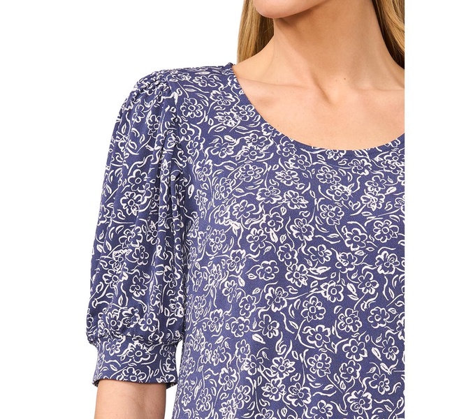 Women's Floral Shirred Scoop-Neck 3/4-Sleeve  Knit Top