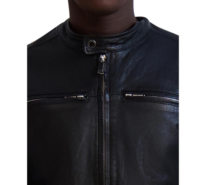 Men's Band-Collar Distressed Leather Jacket