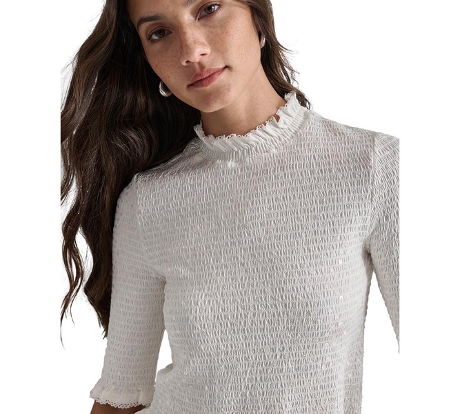 Women's Sequin Smocked Elbow-Sleeve Top