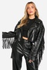 Fringe Detail Belted Faux Leather Biker Jacket
