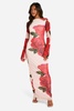 Boat Neck Rose Mesh Print Flare Sleeve Maxi Dress