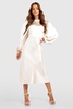 Satin High Neck Balloon Sleeve Midi Dress