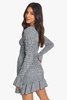 Check Shirred Long Sleeve Mini Dress