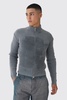 Muscle Fit Acid Wash Knit Zip Through Sweater