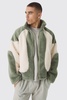 Colour Block Borg Jacket In Sage