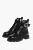 leather combat booties with ankle strap and logoed buckle