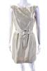 womens back zip beaded belted dress beige cotton