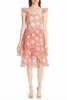 azura waterfall ruffle midi dress in pink, gold, red