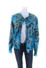 womens blue printed linen open front long sleeve jacket