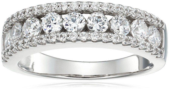 Amazon Essentials Platinum-Plated Sterling Silver Three Row Band Ring Set with Infinite Elements Zirconia, (previously Amazon Collection)