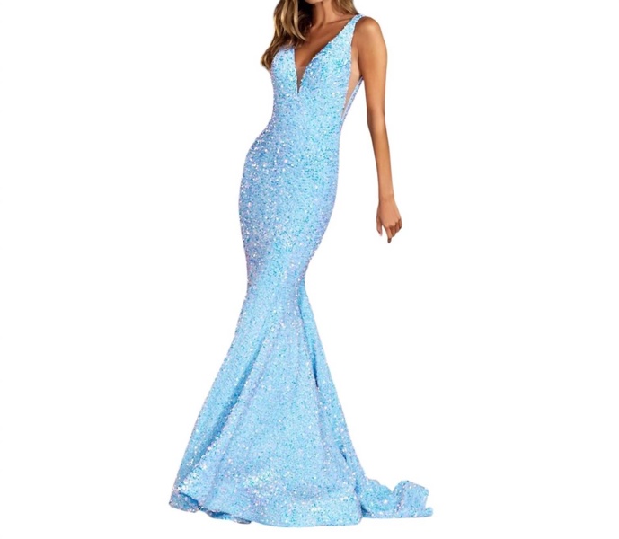 dazzling v-neck low open back panel dress in light blue