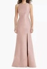 jewel neck bowed open-back trumpet dress with front slit in toasted sugar