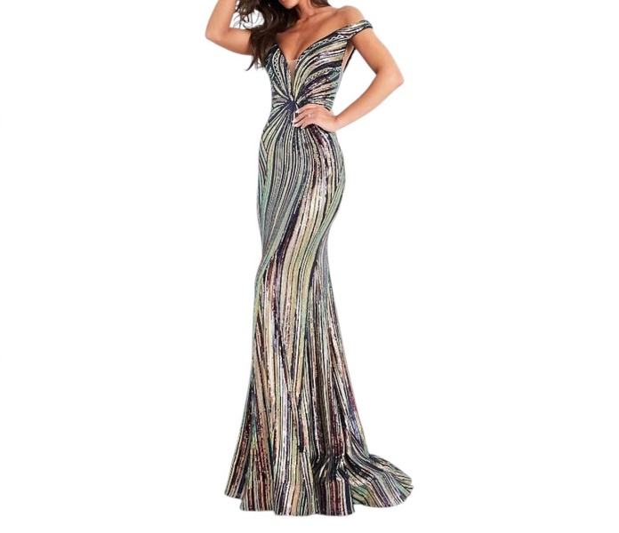 off-the-shoulder mermaid dress in black-multi