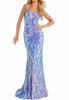 one shoulder long gown in multi/irridescent