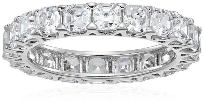 Amazon Essentials Platinum-Plated Sterling Silver Infinite Elements Cubic Zirconia Asscher-cut Eternity Band Ring, (previously Amazon Collection)