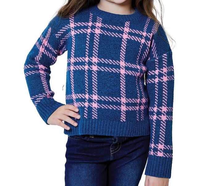 little girls plaid sweater in blue/pink
