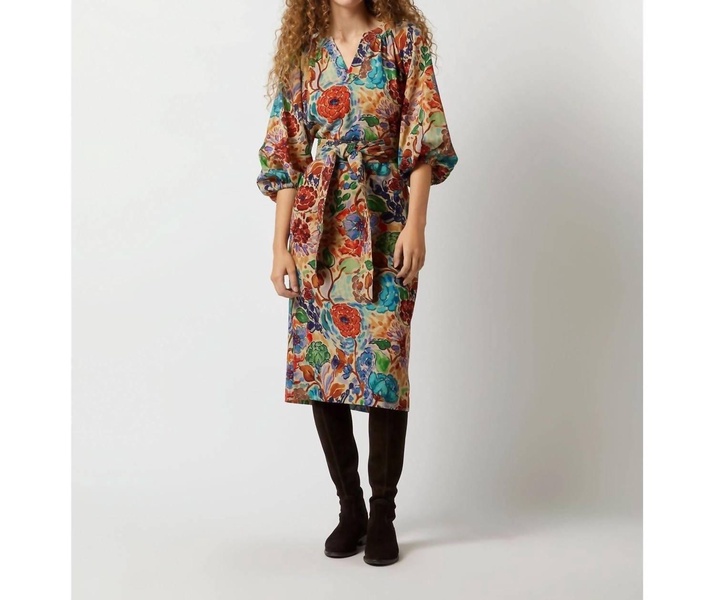 trapunto blouson dress in multi floral crepe