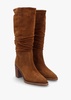 Astrid Tan Suede Rouched Block Heel Knee Boots