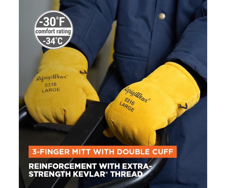 Men's Heavy-Duty 3-Finger Mitt with Double Cuff - Insulated Leather Gloves for Extreme Cold Protection